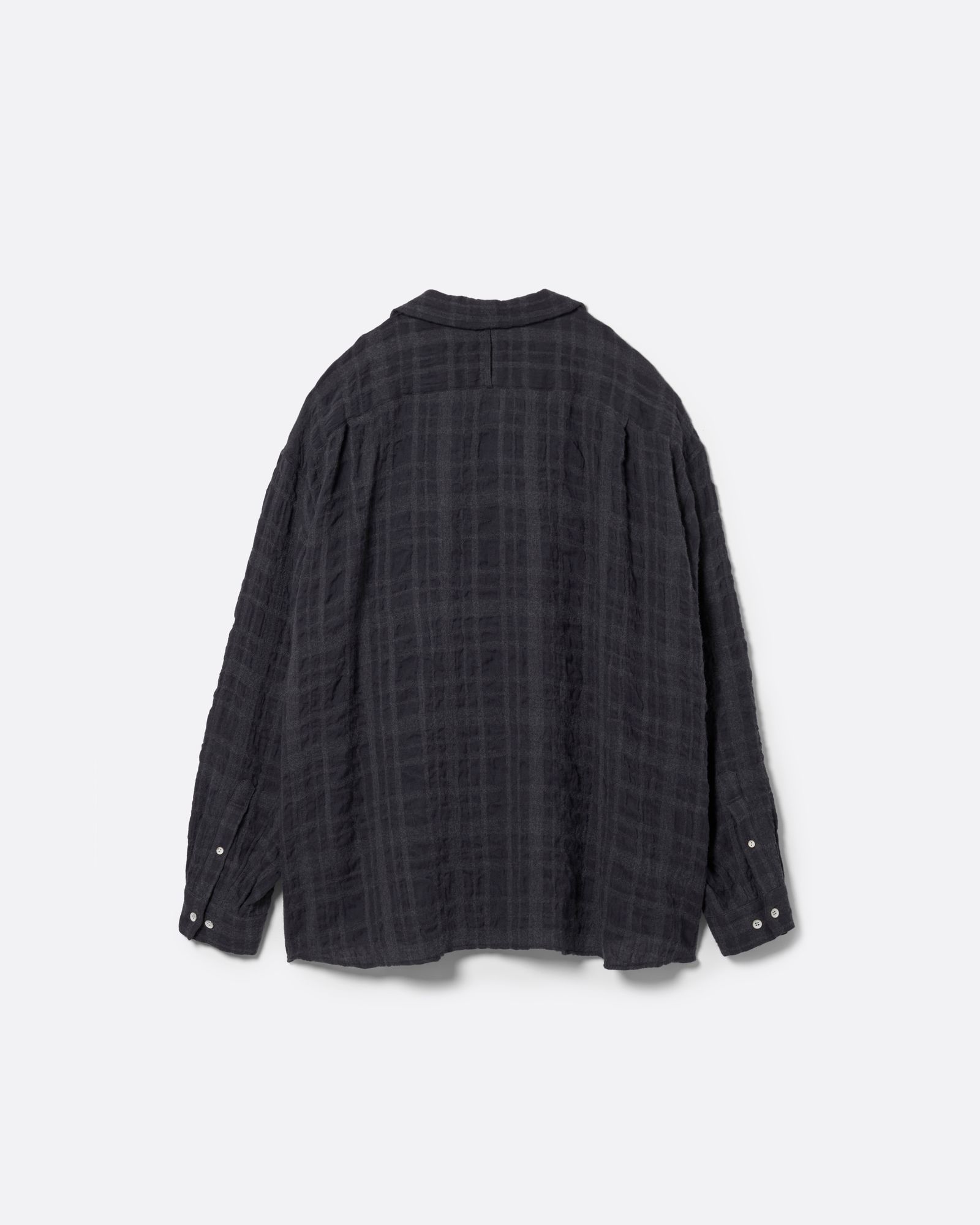 コットン ウール シアサッカー チェック オープン カラー シャツ / COTTON WOOL SEERSUCKER CHECK OPEN / MOUSE NAVY(マウス ネイビー)