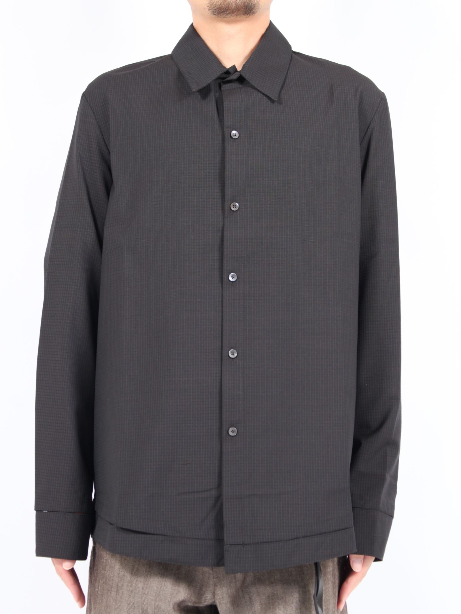 【24AW】ウール ハンドステッチ ヘム ボーダー リラックスフィット シャツ / HAND-STITCHED HEM BORDER RELAXED FIT SHIRT / ブラック