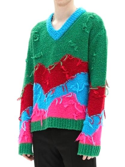 【21AW】マルチカラー フレイ フリンジVネックニット / UNISEX MOUNTAIN INTARSIA V-NECK SWEATER / グリーン X マルチカラー