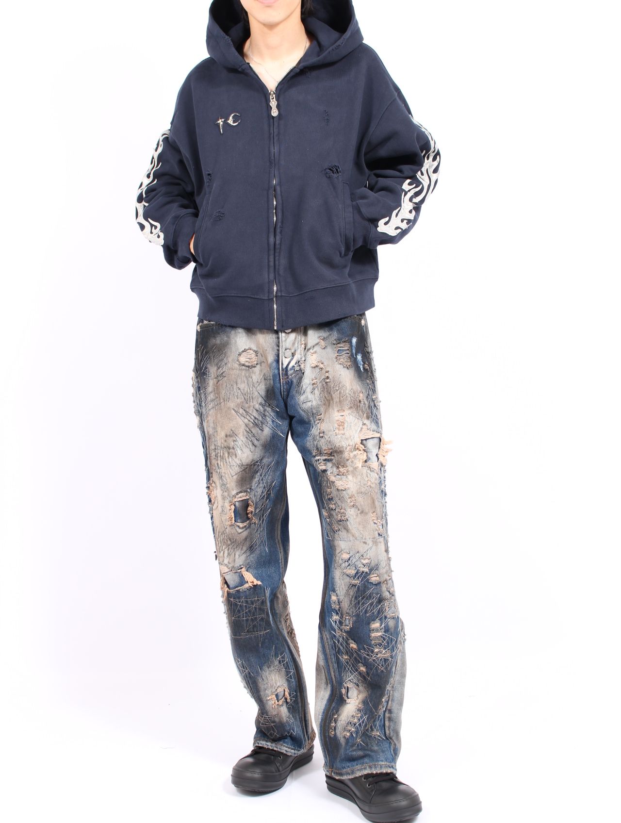 【25AW】レザー フレーム ジップアップ パーカー / LEATHER FLAME HOODED ZIP-UP / ネイビー