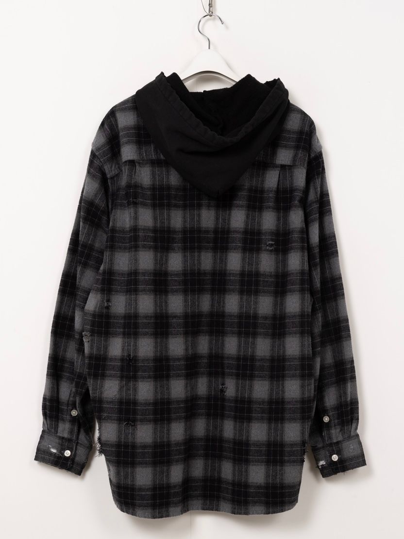 【25AW】ディストレスド フーデッド チェックシャツ / DISTRESSED HOODED CHEAKED SHIRT / ブラック