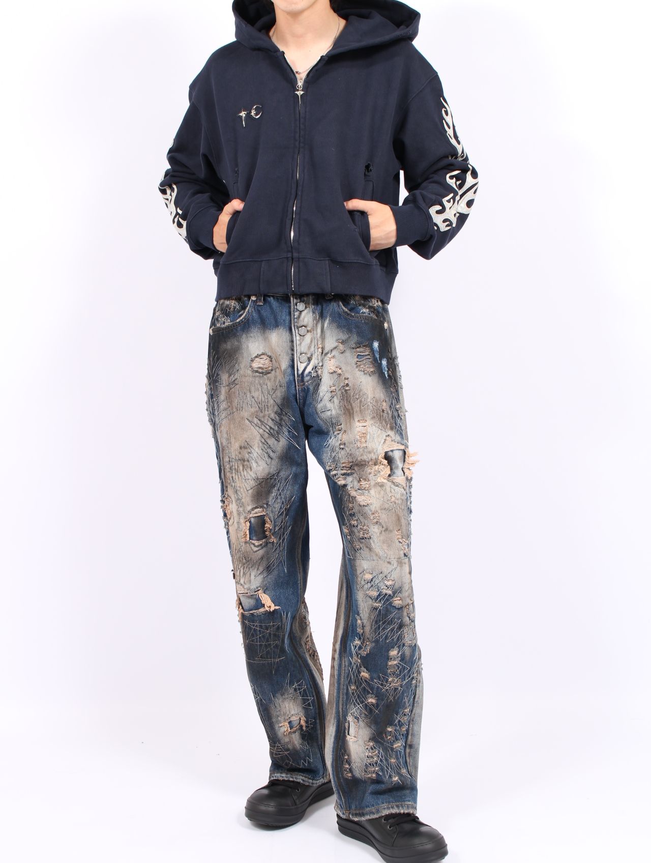 【25AW】レザー フレーム クロップド ジップアップ パーカー / LEATHER FLAME CROPPED HOODED ZIP-UP / ネイビー