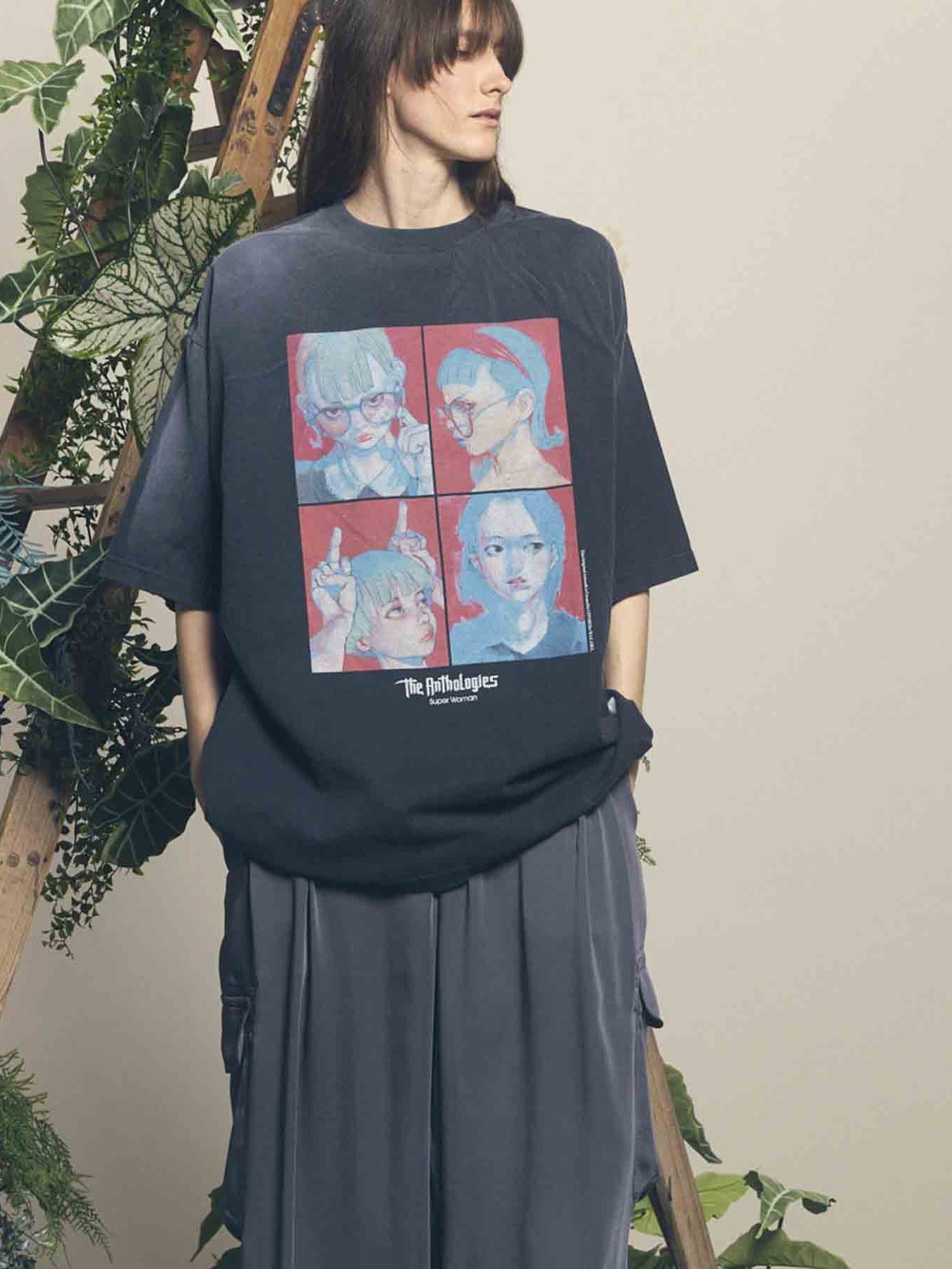 【美品】定番 麻布Tシャツ 薄墨 大津絵・猫に三味線 / ツバメ堂 ( zbame358 )のスタンダードT