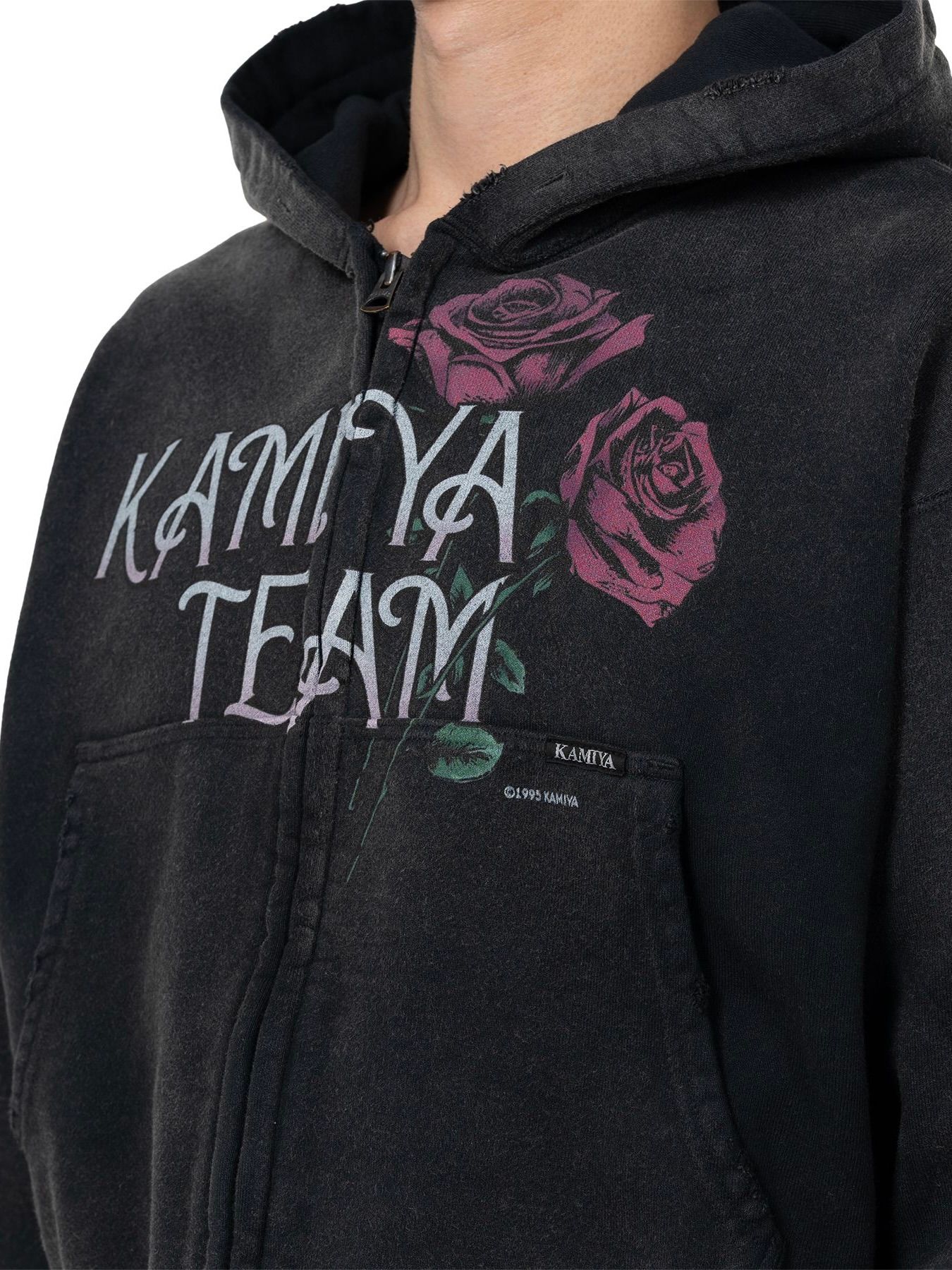 【25AW】ローズ ディストレスド ジップ ショート パーカー / "ROSE"DISTRESSED ZIP SHORT HOODIE / ブラック