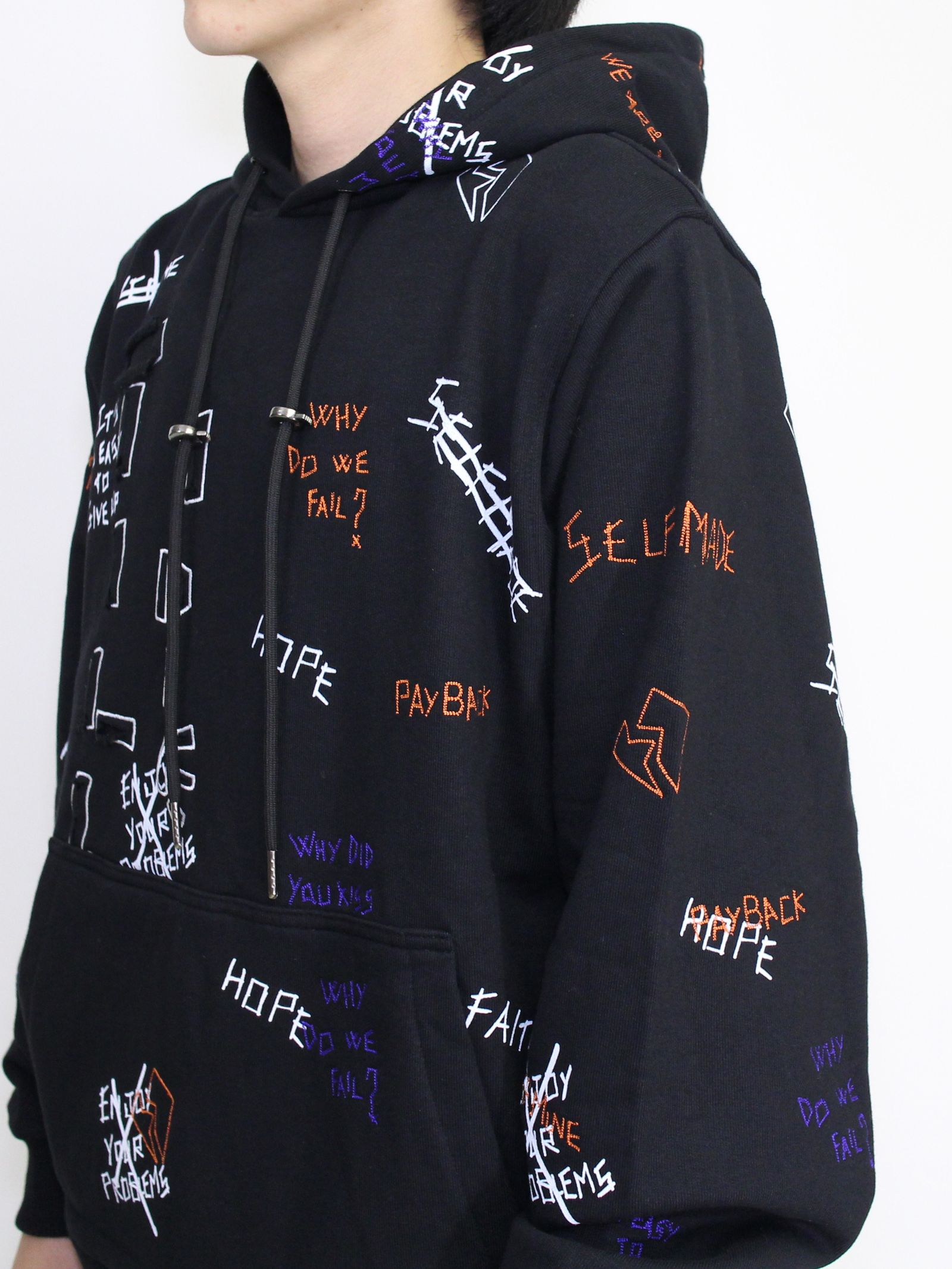 【20AW】総柄 刺繍プリント パーカー / WRITTINGS HOODIE / ブラック