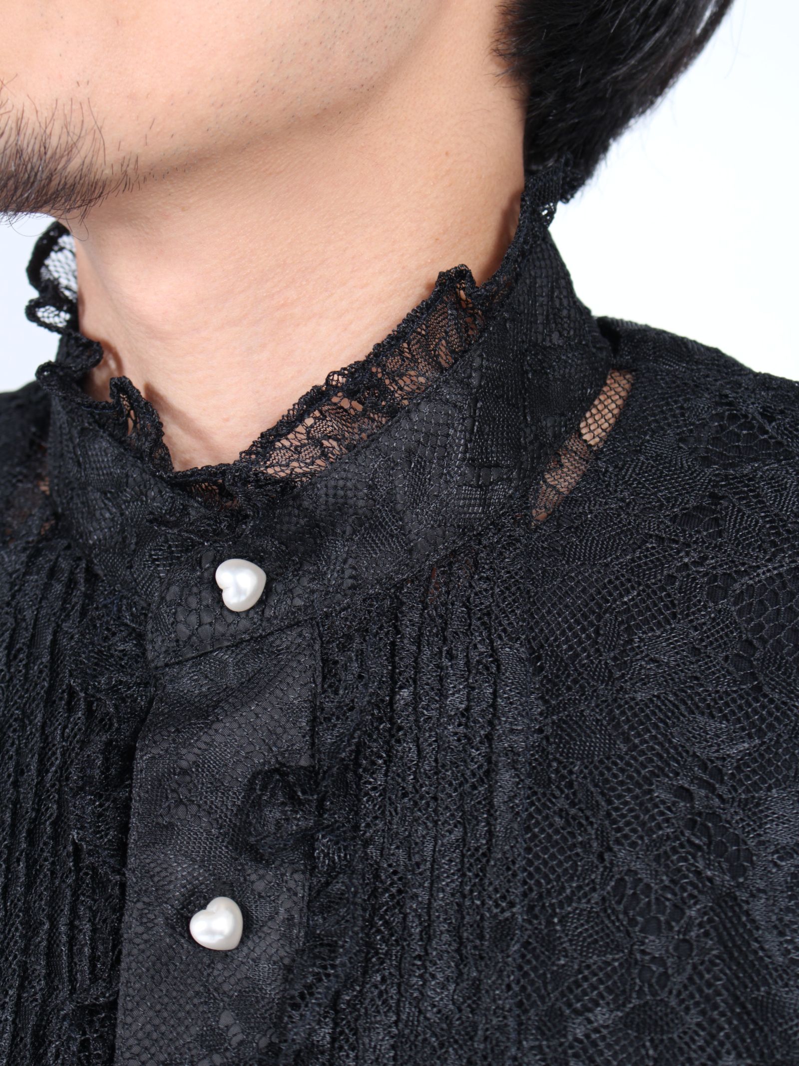 【24AW】フラワー レース フリル シャツ / FLOWER LACE FRILL SHIRT / ブラック