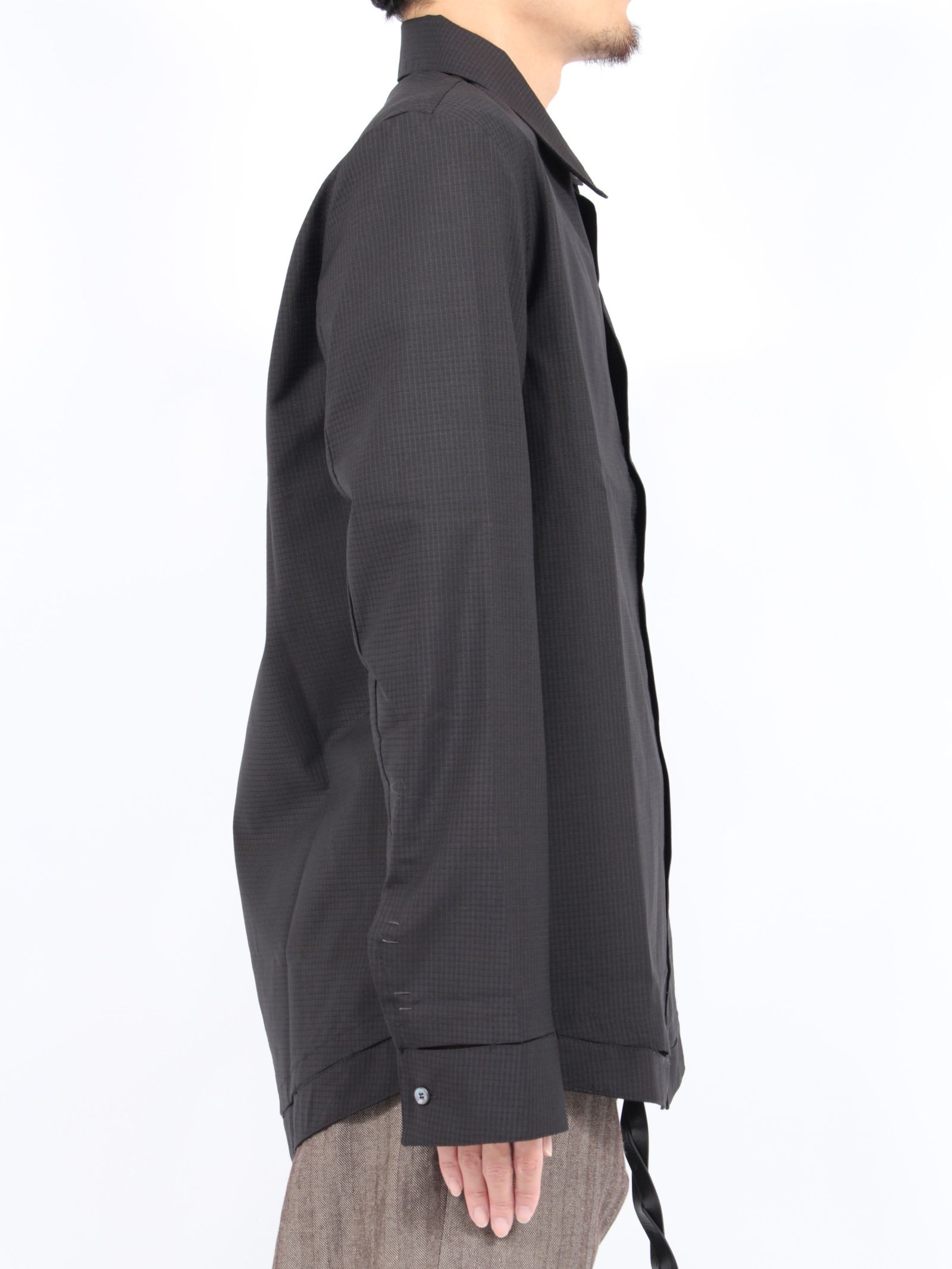 【24AW】ウール ハンドステッチ ヘム ボーダー リラックスフィット シャツ / HAND-STITCHED HEM BORDER RELAXED FIT SHIRT / ブラック