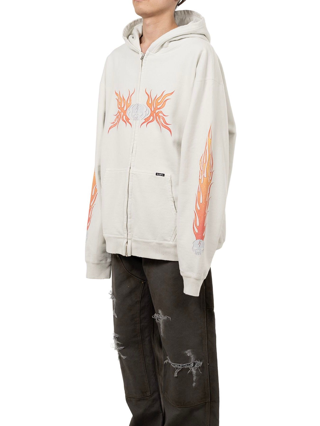 【25AW】スカル フレイム ディストレスド ジップ パーカー / "SKULL FLAME"DISTRESSED ZIP HOODIE / ホワイト