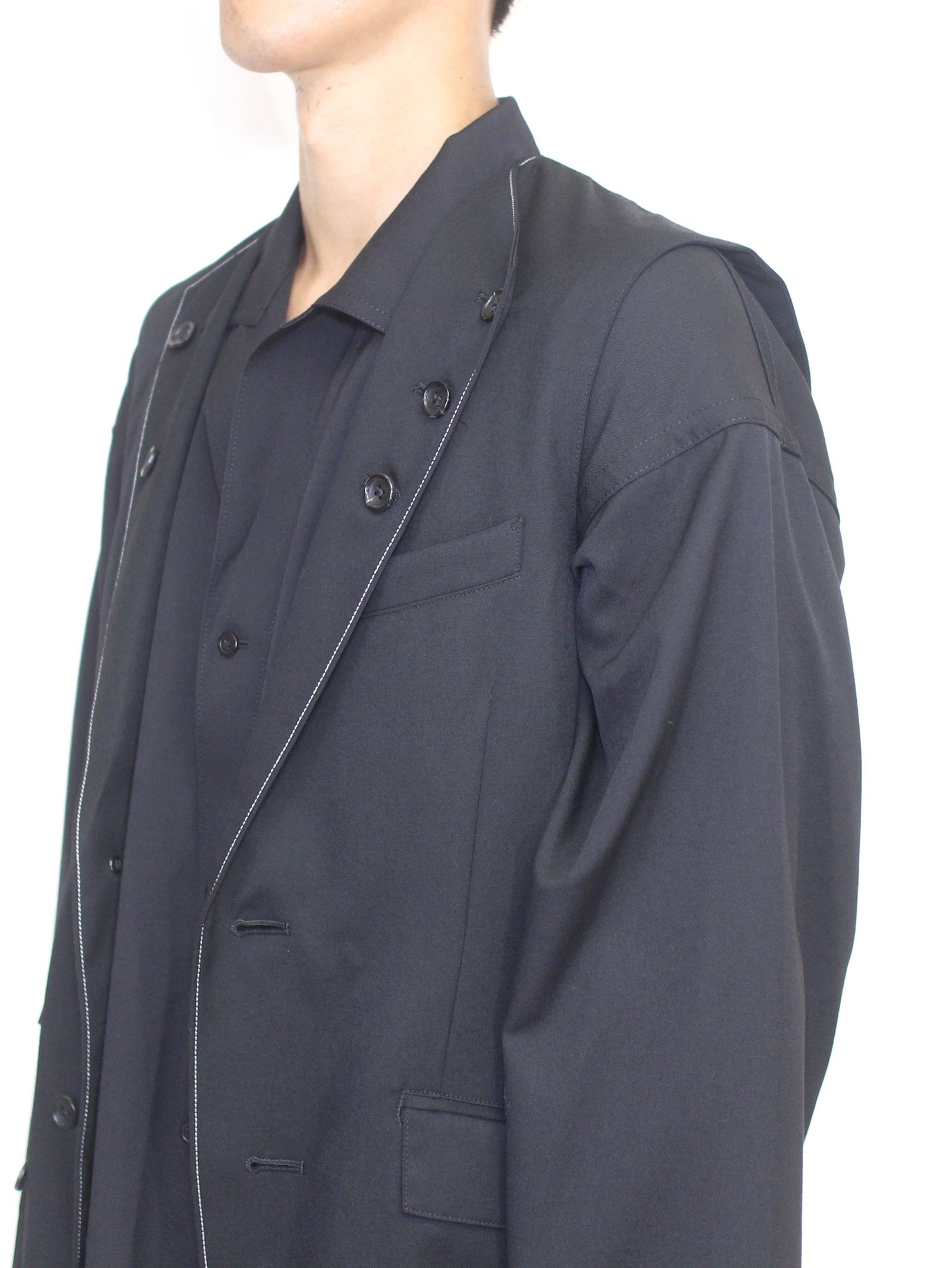 ウールギャバジン 3ピース ベスト / Gabardine 3lapel vest / ブラック × ネイビー