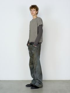 ディストレスド パネルド レイヤード スリーブ Tシャツ 長袖 カットソー / DISTRESSED PANNELD LAYERD SLEEVE T-SHIRT / COMPOST (グレー)