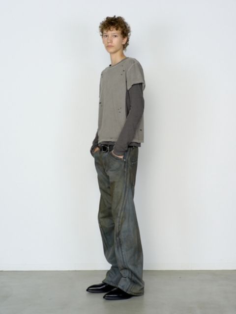 ディストレスド パネルド レイヤード スリーブ Tシャツ 長袖 カットソー / DISTRESSED PANNELD LAYERD SLEEVE T-SHIRT / COMPOST (グレー)