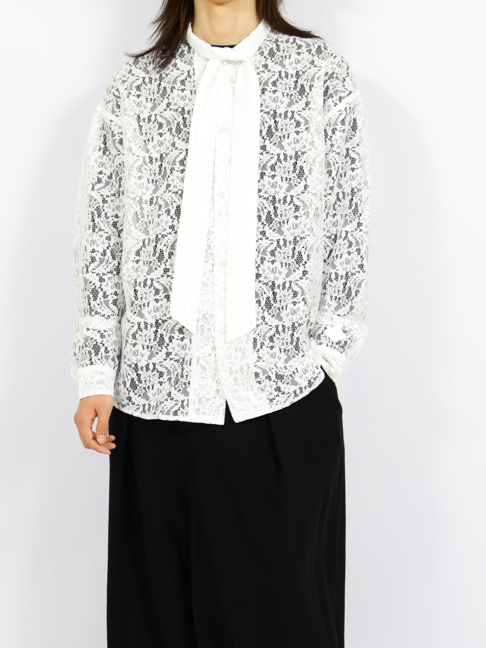 【26AW】フラワーレース ボウタイ シャツ 花柄レース 長袖シャツ / FLOWER LACE BOW TIE SHIRT / ホワイト
