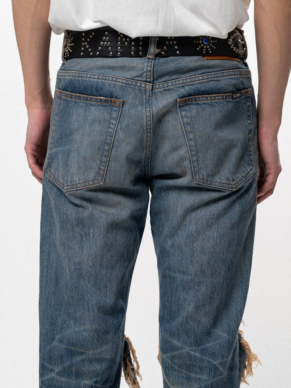 【BTS JIN 着用】ディストレスド スリム ブーツカット ダメージ加工 デストロイ ジーンズ / DSTRSD SLM BOOTCT JEANS / インディゴ