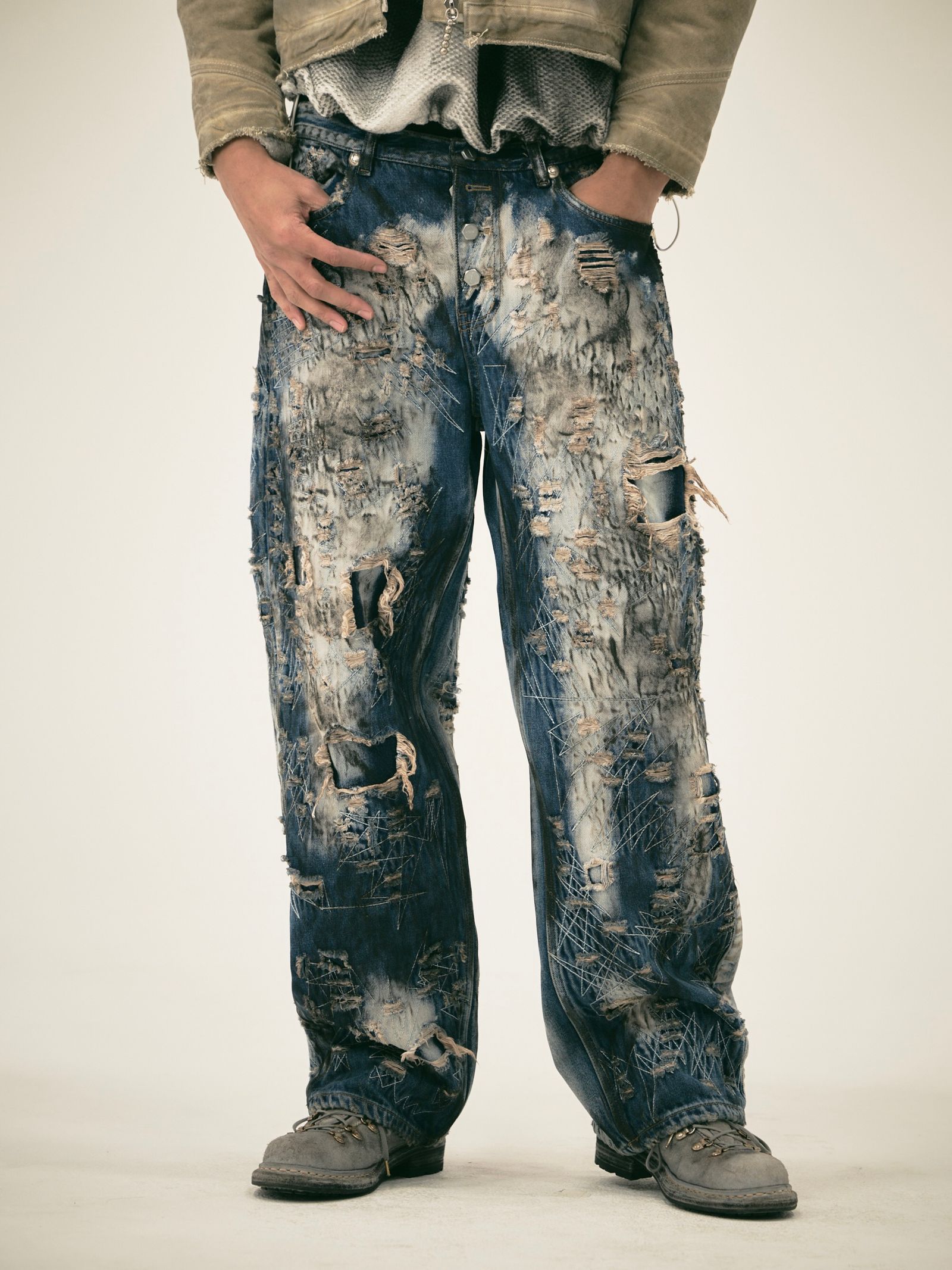 【25AW】ハードウォッシュド ダメージ デニム パンツ / HARD-WASHED DAMAGED DENIM PANTS / ブルー