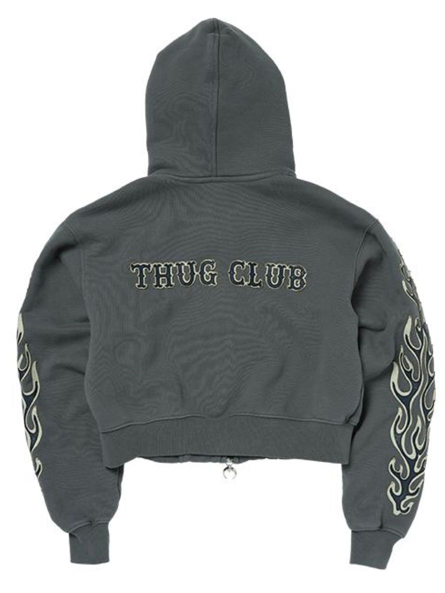 【25AW】レザー フレーム クロップド ジップアップ パーカー / LEATHER FLAME CROPPED HOODED ZIP-UP / グレー