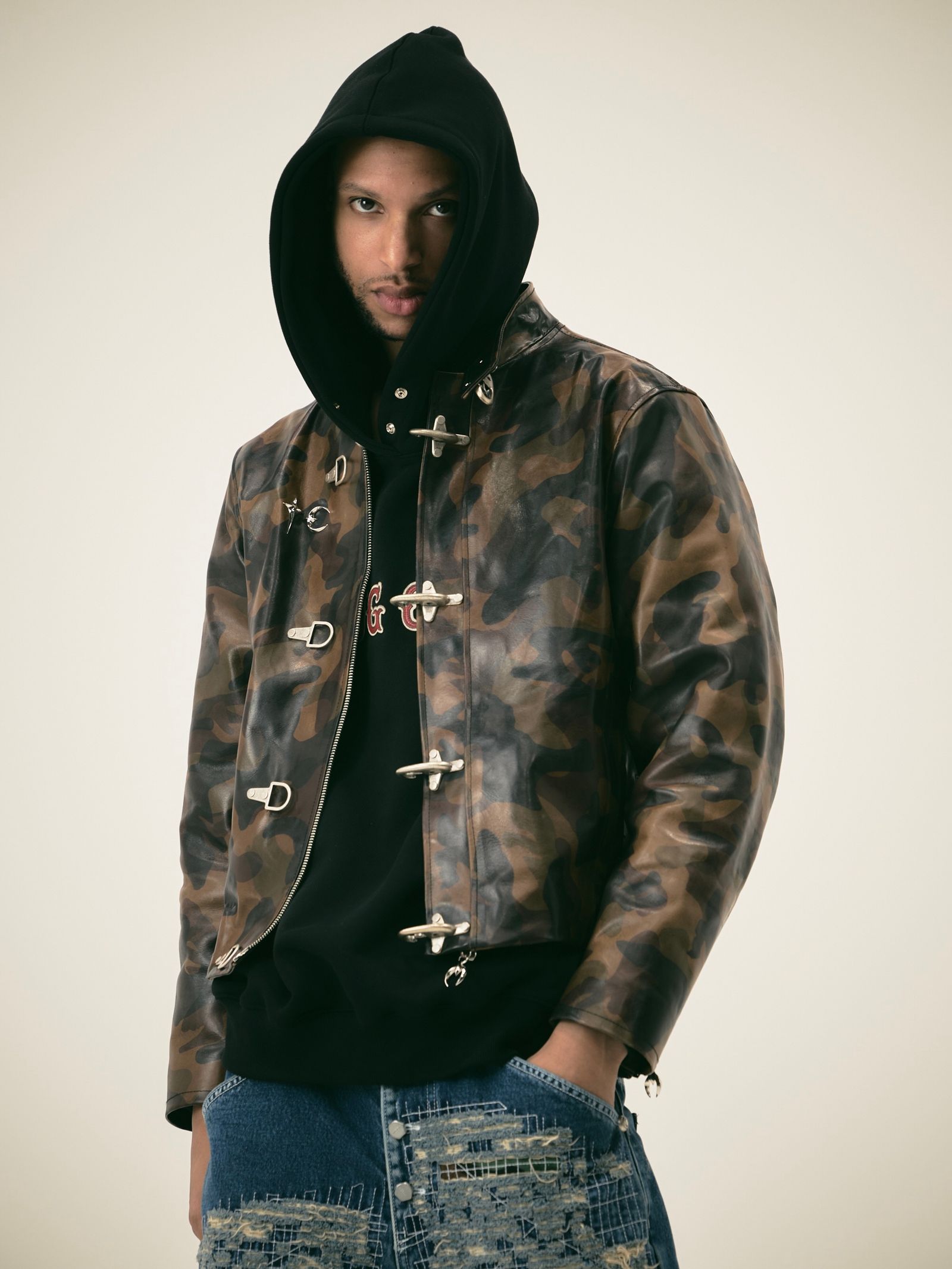【25AW】レザー フレーム パーカー / LEATHR FLAME HOODIE / ブラック