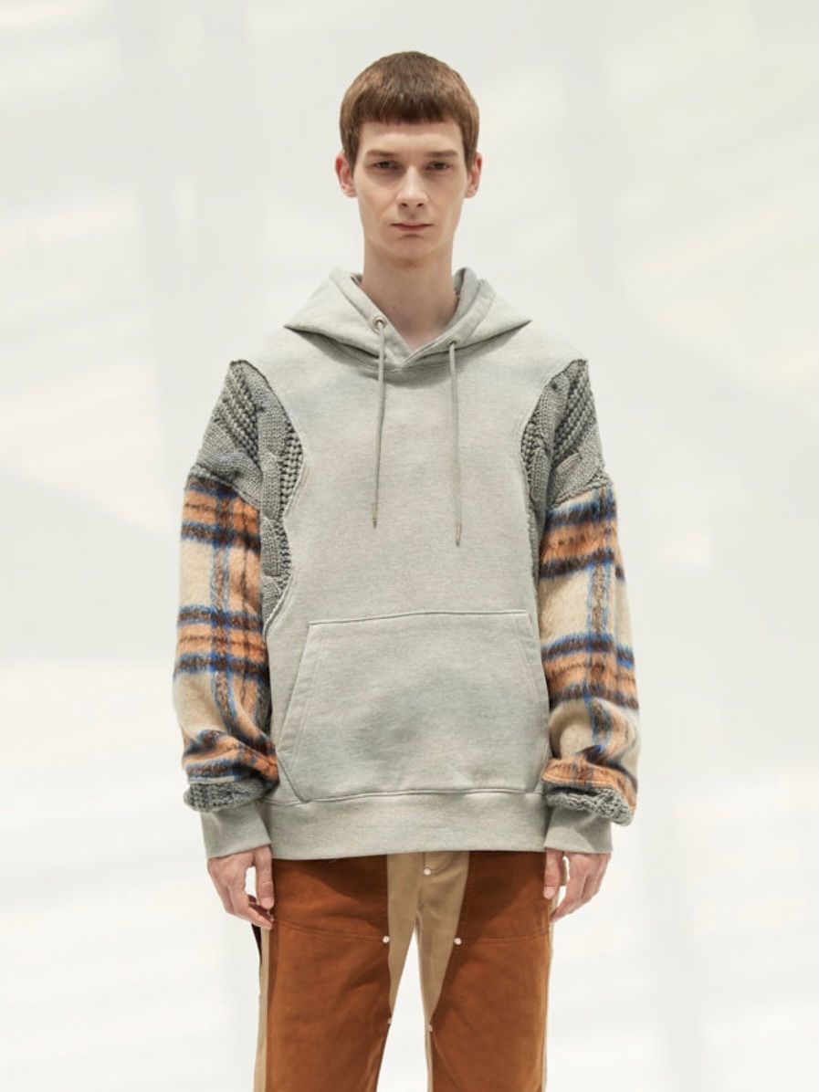 【21AW】ドッキング チェック オーバーサイズパーカー / UNISEX FABRIC CONTR AST ANTWERP HOODIE / グレー