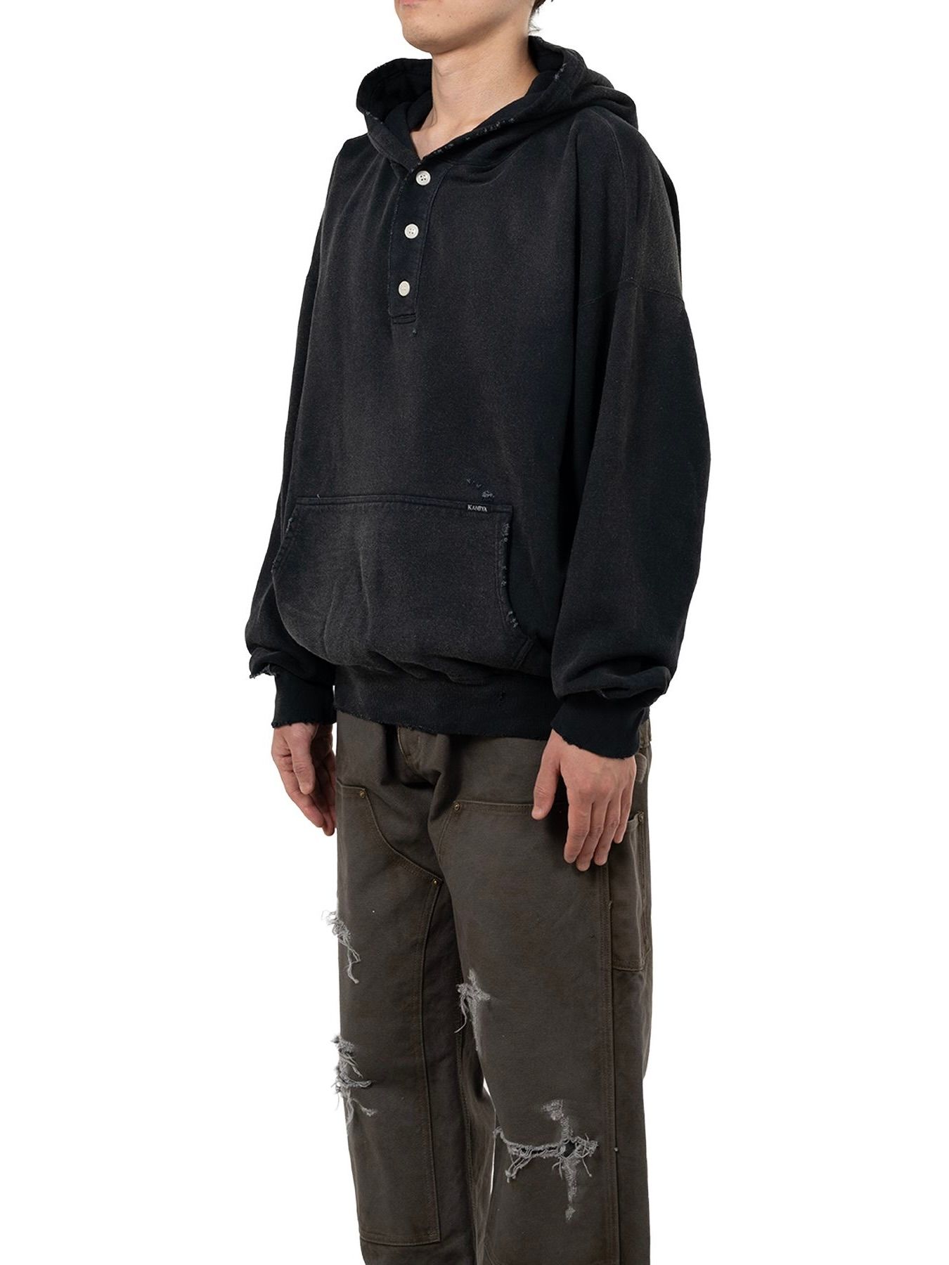 【25AW】ディストレスド ヘンリーネック パーカー / DISTRESSED HENRY NECK HOODIE / ブラック