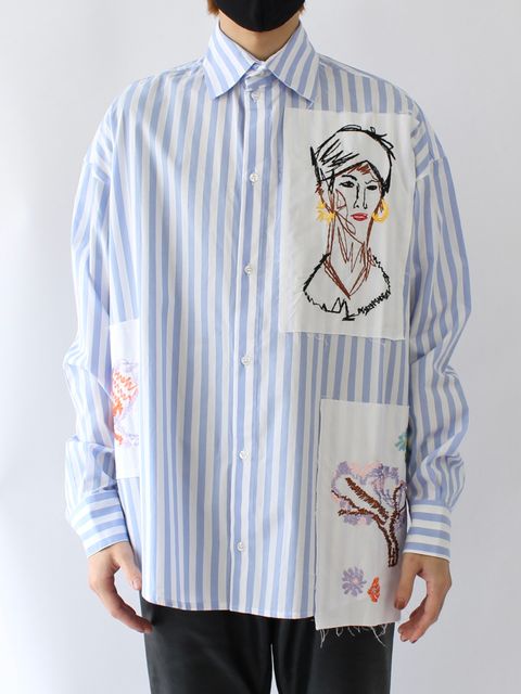 刺繍ロゴ 長袖シャツ / LONG SLEEVE SHIRT EMBROIDERED / ブルー × ホワイト