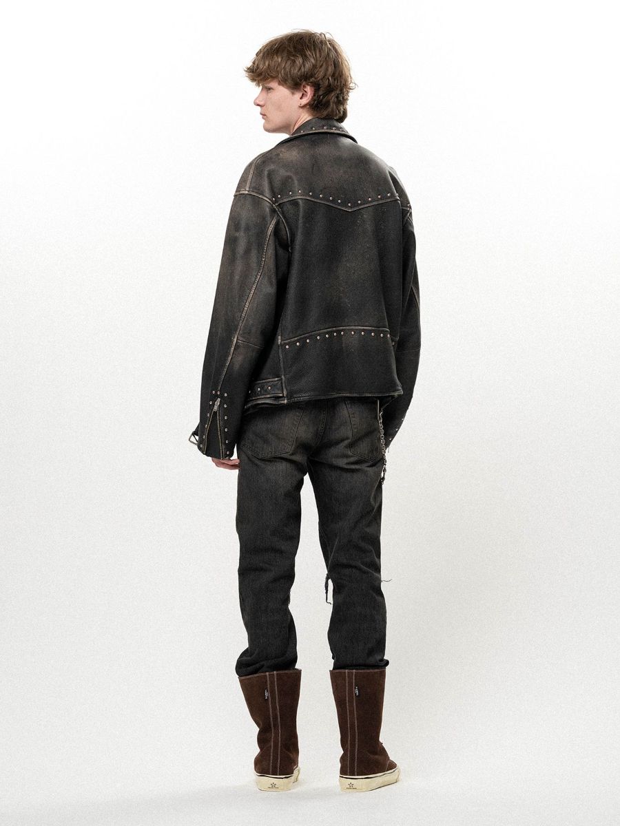 【26AW】 ディストレスト レザー スタデッド バイカー ジャケット / DISTRESSED LEATHER STUDDED BIKER JACKET / ブラック
