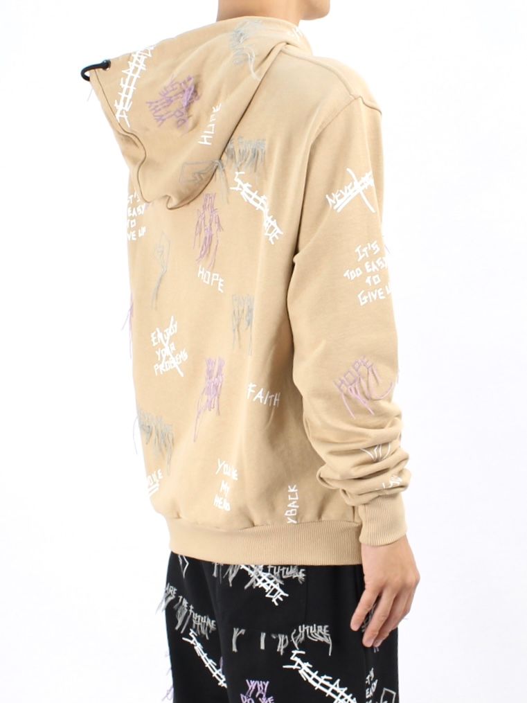 【21AW】総柄 刺繡プリントパーカー / NEW MANIFESTO HOODIE / ベージュ × マルチ