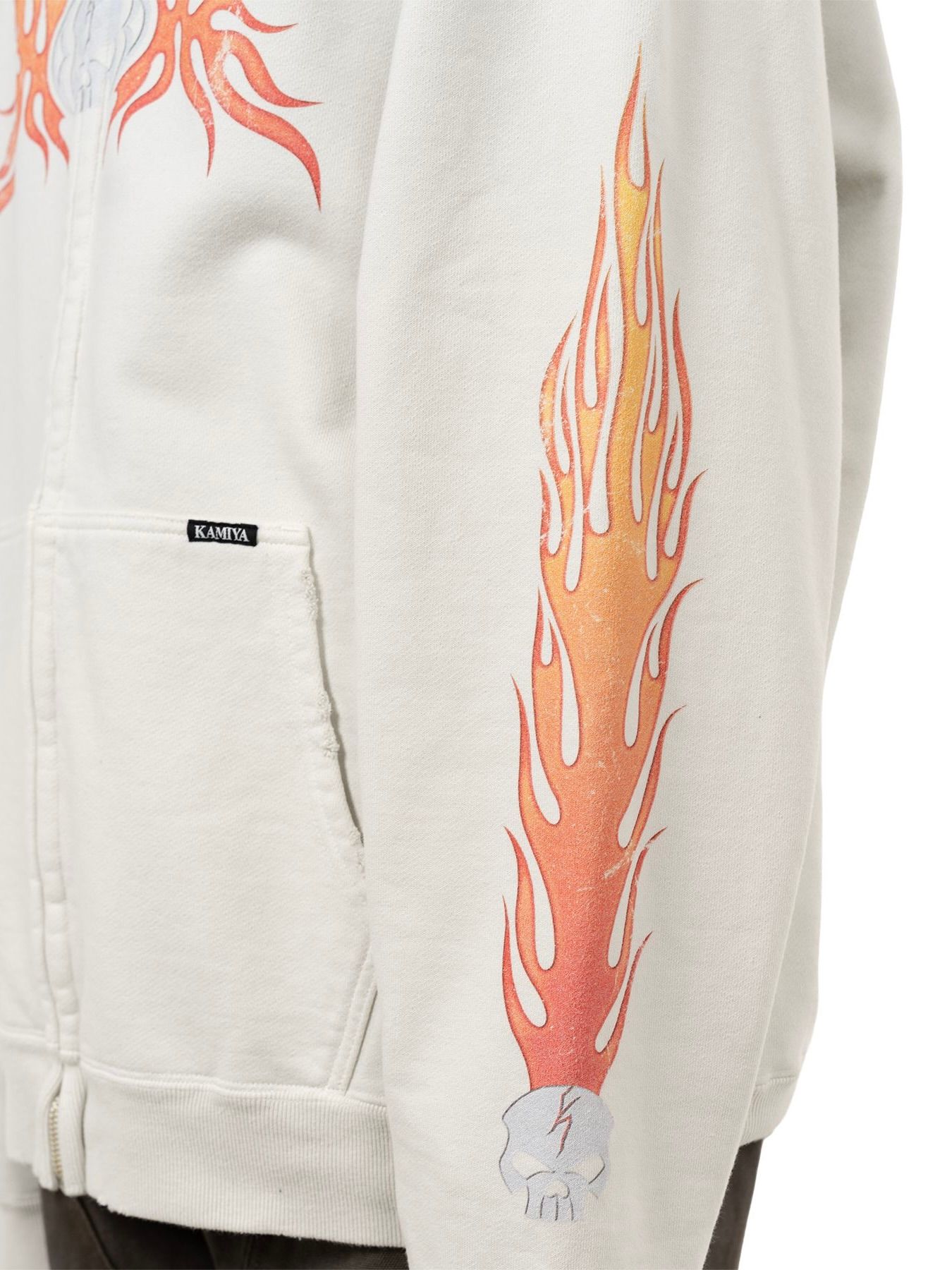 【25AW】スカル フレイム ディストレスド ジップ パーカー / "SKULL FLAME"DISTRESSED ZIP HOODIE / ホワイト