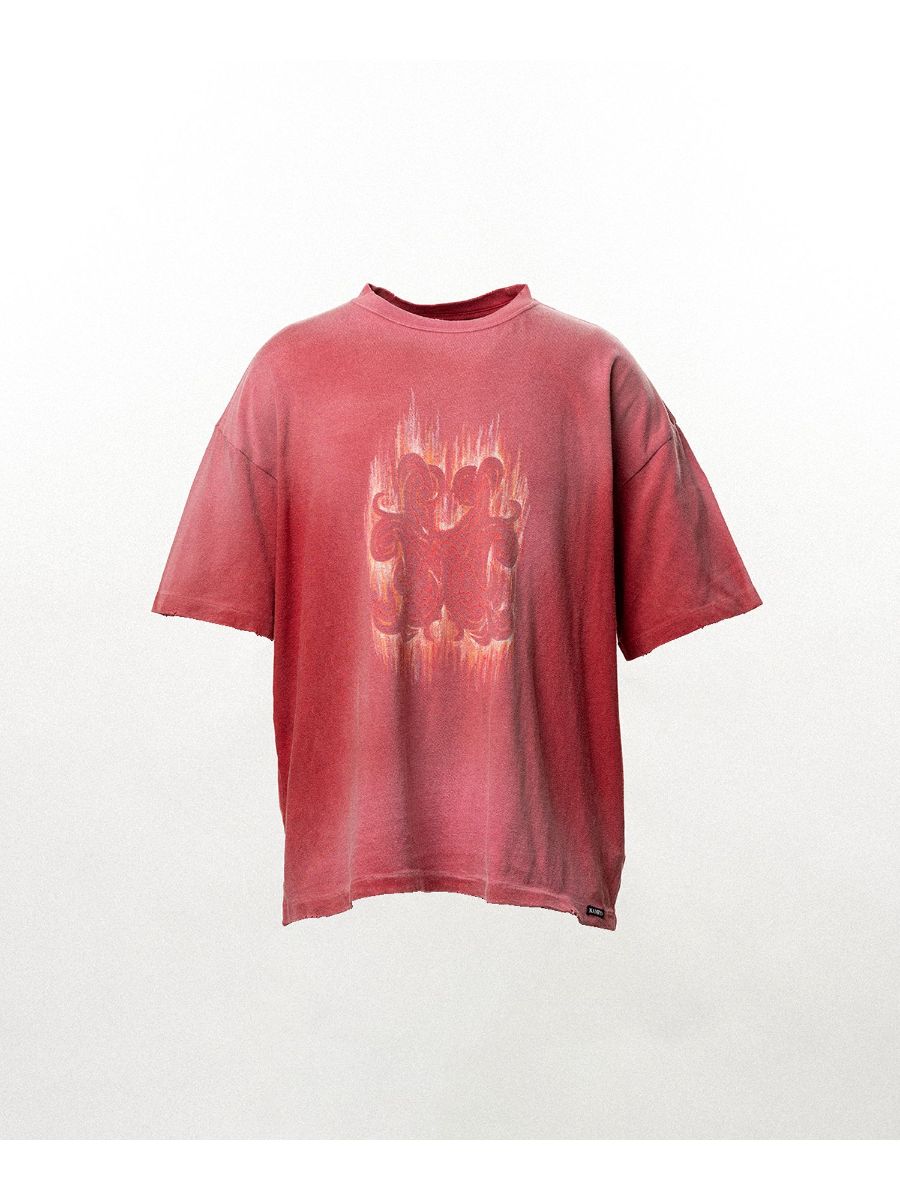 【26SS】"クレヨン フレーム" ディストレスド カミヤ Tシャツ / ”CRAYON FLAME" DISTRESSED TEE / レッド