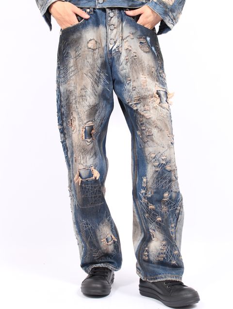 【25AW】ハードウォッシュド ダメージ デニム パンツ / HARD-WASHED DAMAGED DENIM PANTS / ブルー