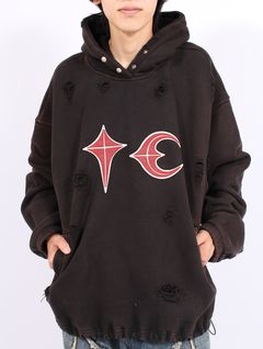 【25AW】ロック フーディー  TCロゴ レザー ダメージ加工 パーカー / ROCK HOODIE / ブラック