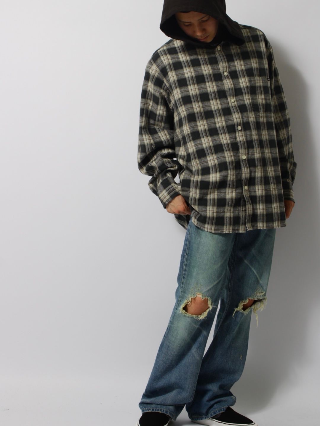 【25SS】ディストレスト チェック シャツフーディー パーカー / DISTRESSED CHECK SHIRT HOODIE / ブラック