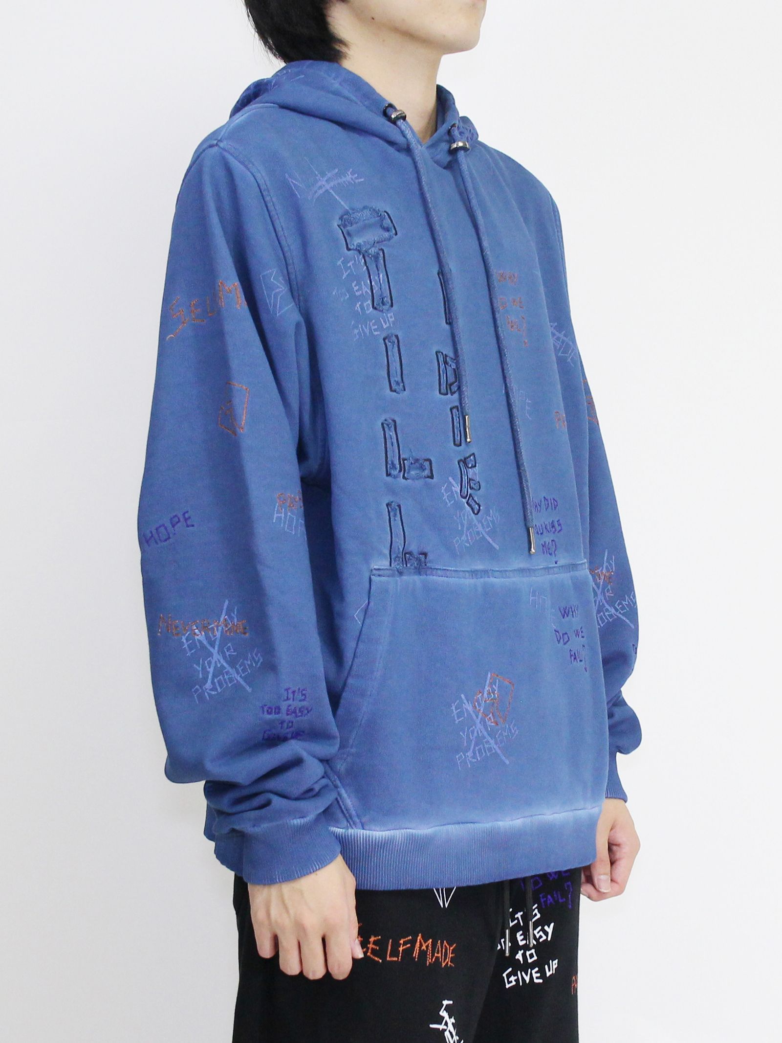 【20AW】総柄 刺繍プリント パーカー / WRITTINGS HOODIE / ネイビー