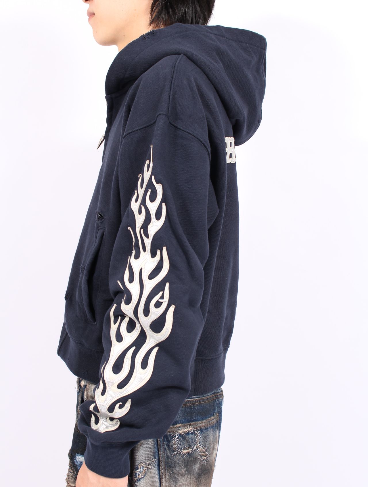 【25AW】レザー フレーム クロップド ジップアップ パーカー / LEATHER FLAME CROPPED HOODED ZIP-UP / ネイビー