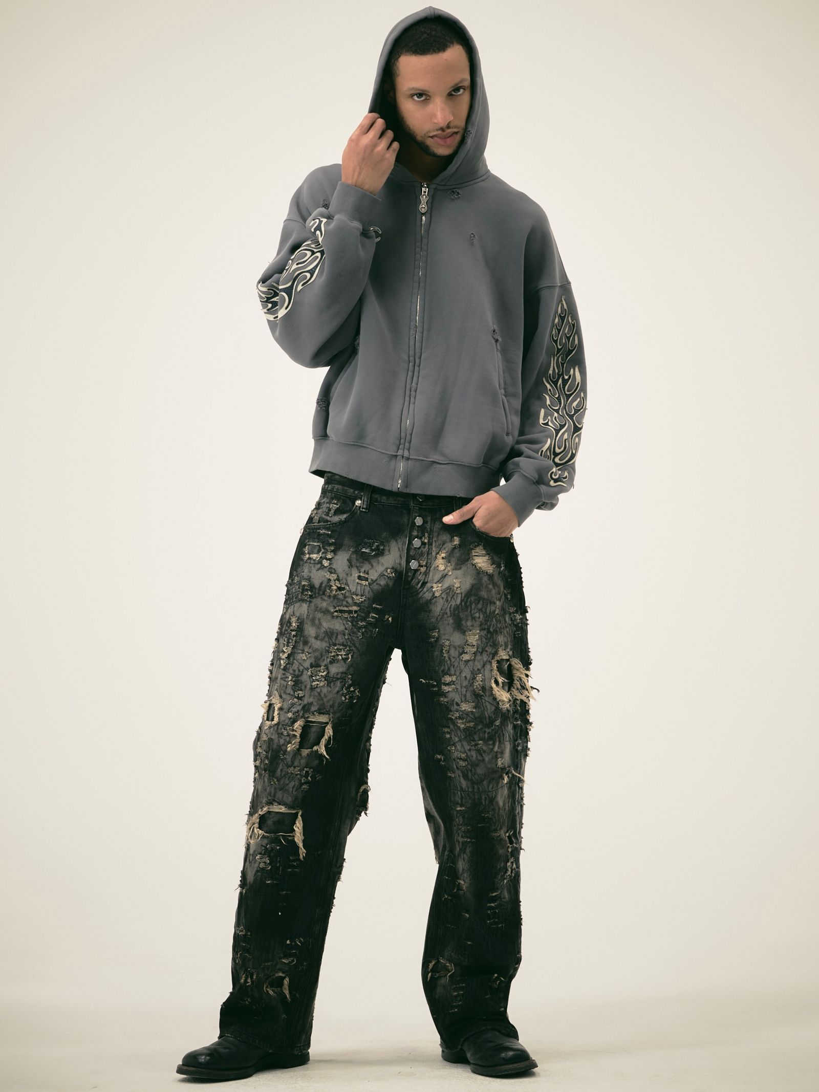 【25AW】ハードウォッシュド ダメージ デニム パンツ / HARD-WASHED DAMAGED DENIM PANTS / ブラック