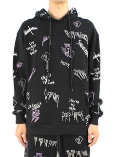 【21AW】総柄 刺繡プリントパーカー / NEW MANIFESTO HOODIE / ブラック × マルチ