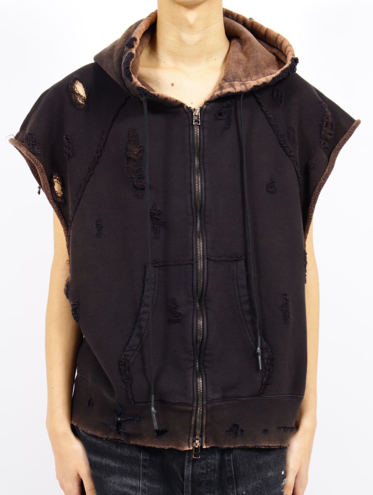 【25SS】ダメージ加工 スリーブレス パーカー / DAMAGED SLEEVELESS PARKA.13 / ラスティーブラック