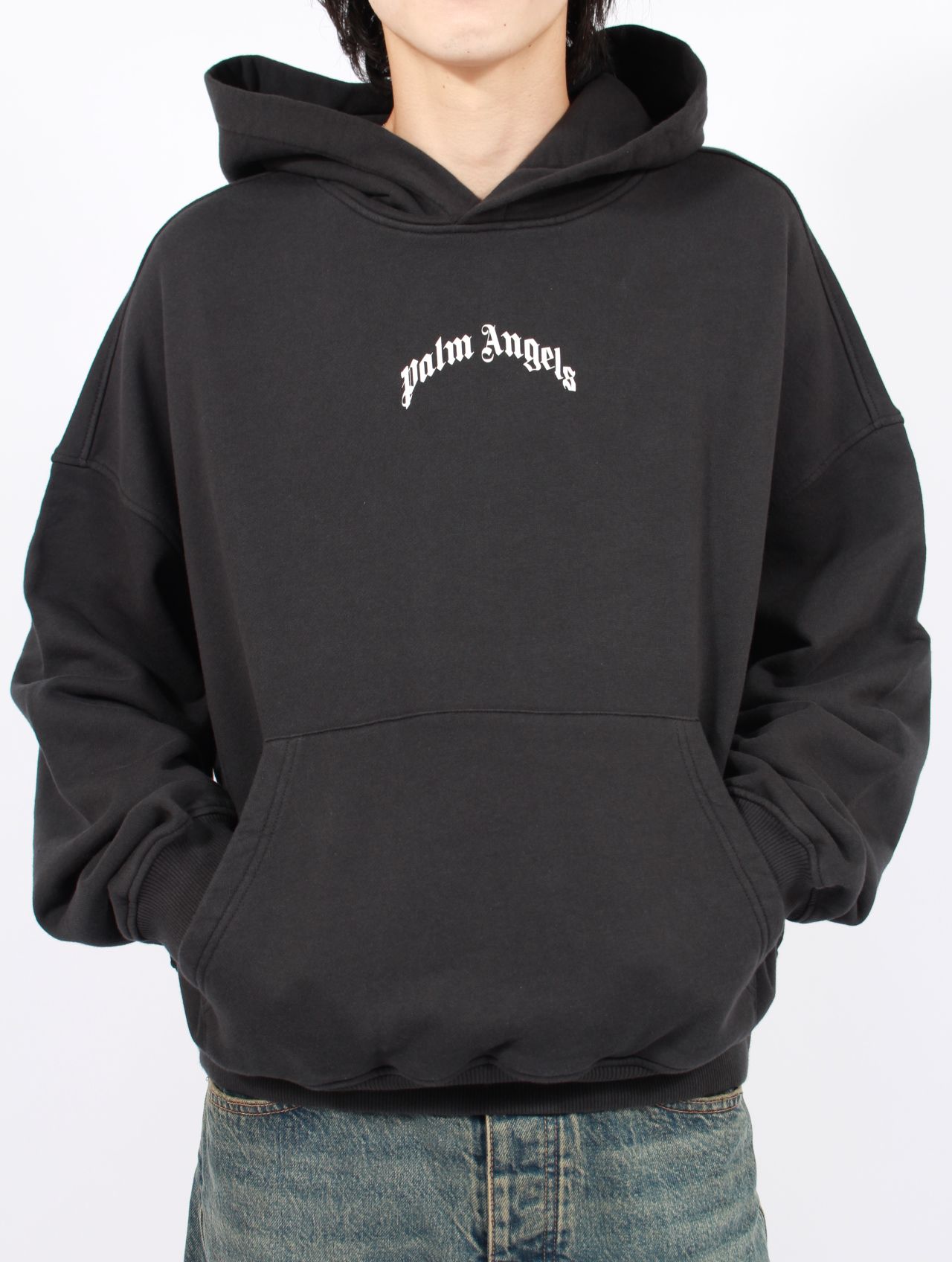 【25AW】バック カーブロゴ ルーズ フーディー パーカー / BACK CURVED LOGO LOOSE HOODY / ブラック×ホワイト