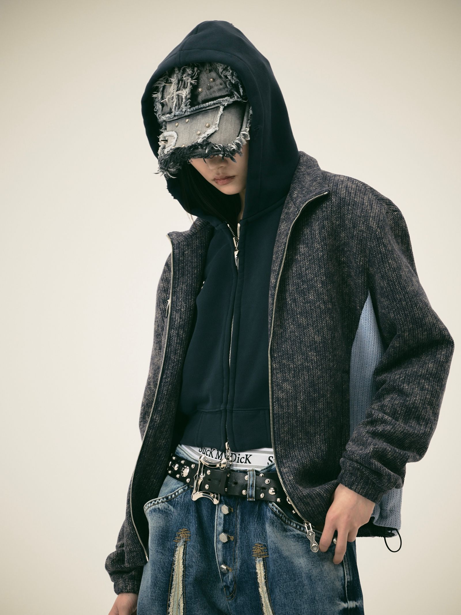 【25AW】レザー フレーム クロップド ジップアップ パーカー / LEATHER FLAME CROPPED HOODED ZIP-UP / ネイビー