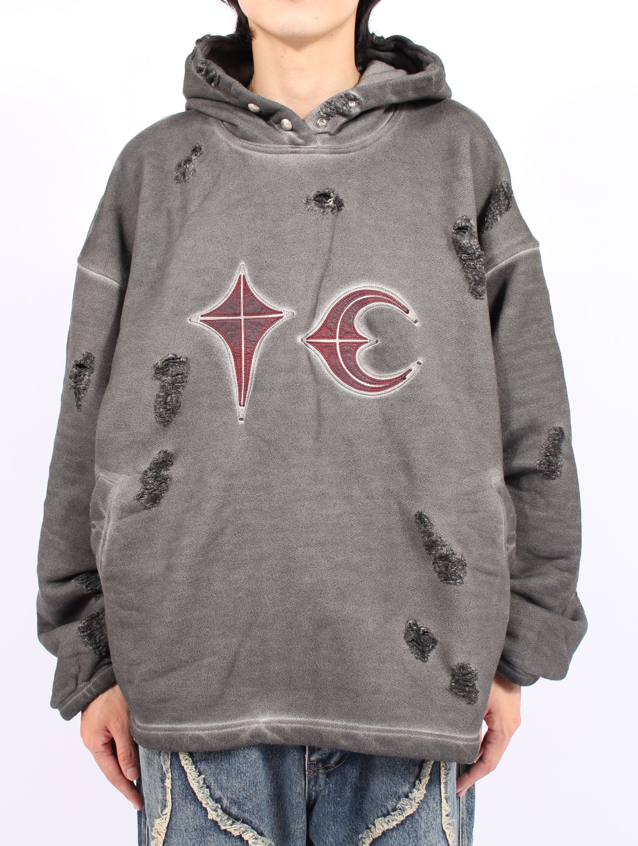 【25AW】ロック フーディー  TCロゴ レザー ダメージ加工 パーカー / ROCK HOODIE / グレー