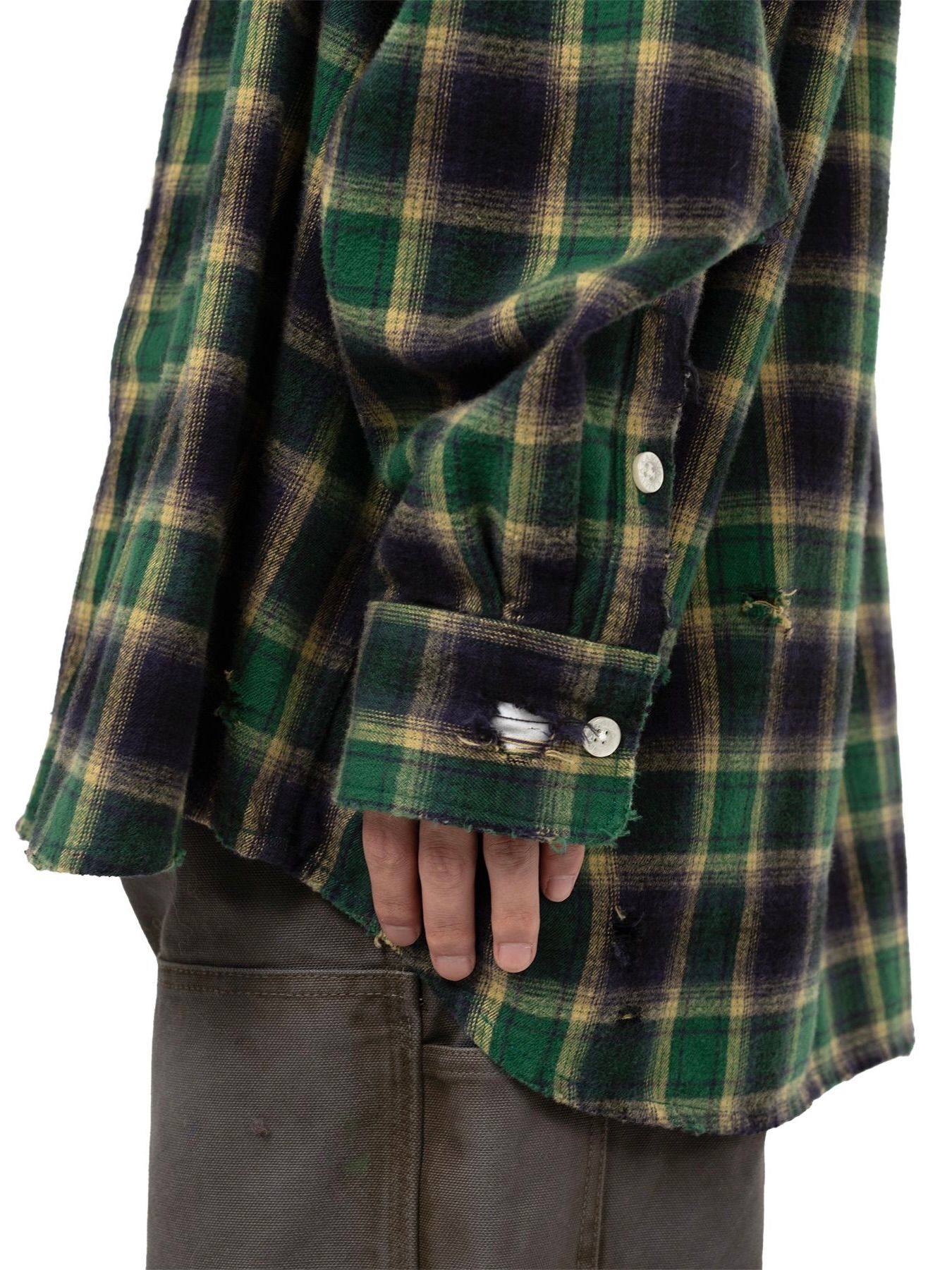 【25AW】ディストレスド フーデッド チェックシャツ / DISTRESSED HOODED CHEAKED SHIRT / グリーン