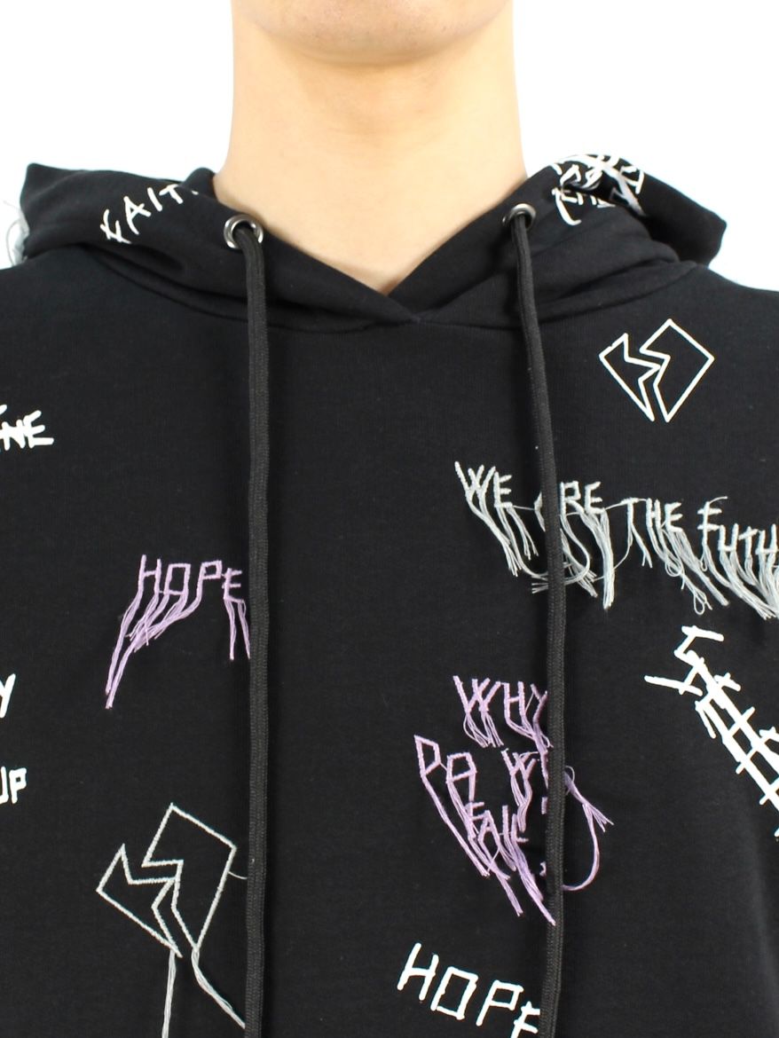 【21AW】総柄 刺繡プリントパーカー / NEW MANIFESTO HOODIE / ブラック × マルチ