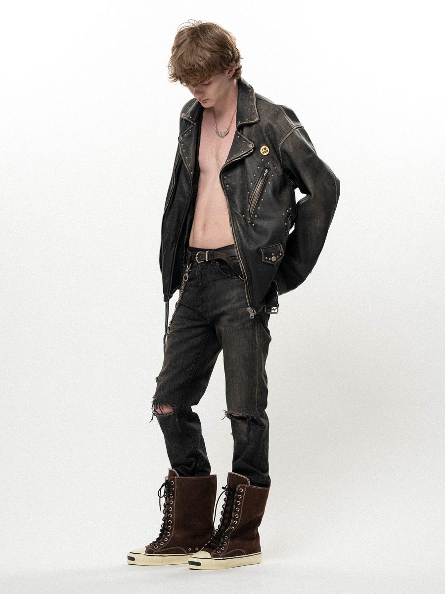 【26AW】 ディストレスト レザー スタデッド バイカー ジャケット / DISTRESSED LEATHER STUDDED BIKER JACKET / ブラック