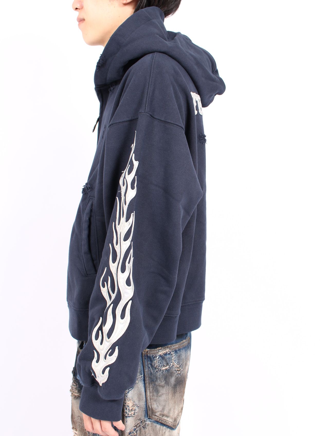 【25AW】レザー フレーム ジップアップ パーカー / LEATHER FLAME HOODED ZIP-UP / ネイビー
