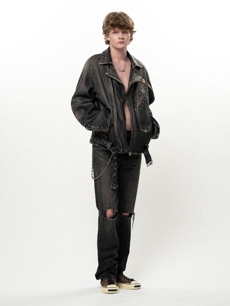 【26AW】 ディストレスト レザー スタデッド バイカー ジャケット / DISTRESSED LEATHER STUDDED BIKER JACKET / ブラック