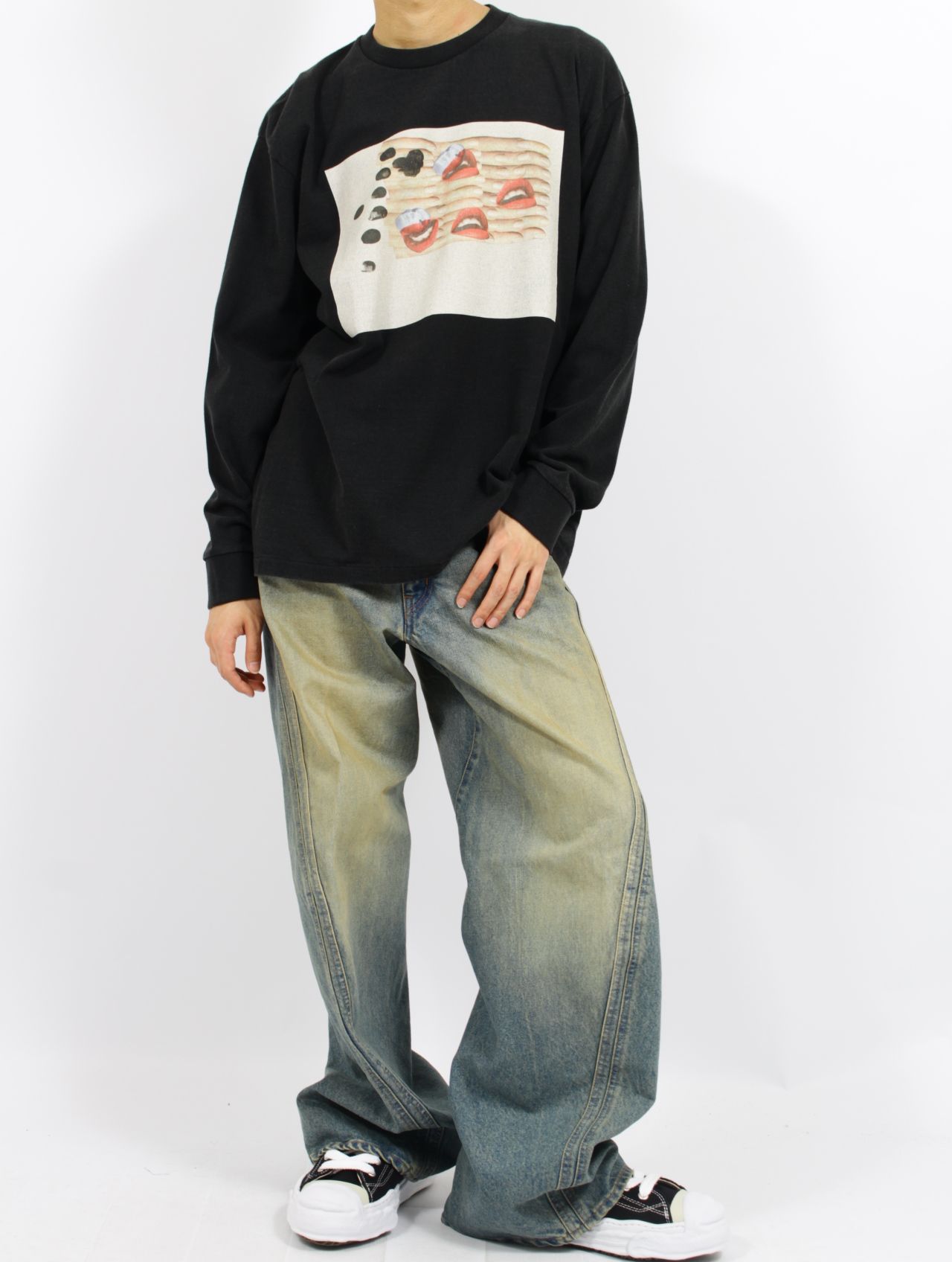 【25SS】フィンガー リップ プリント ロングスリーブ Tシャツ カットソー / FINGER LIP PRINT LS T-SHIRT / ブラック