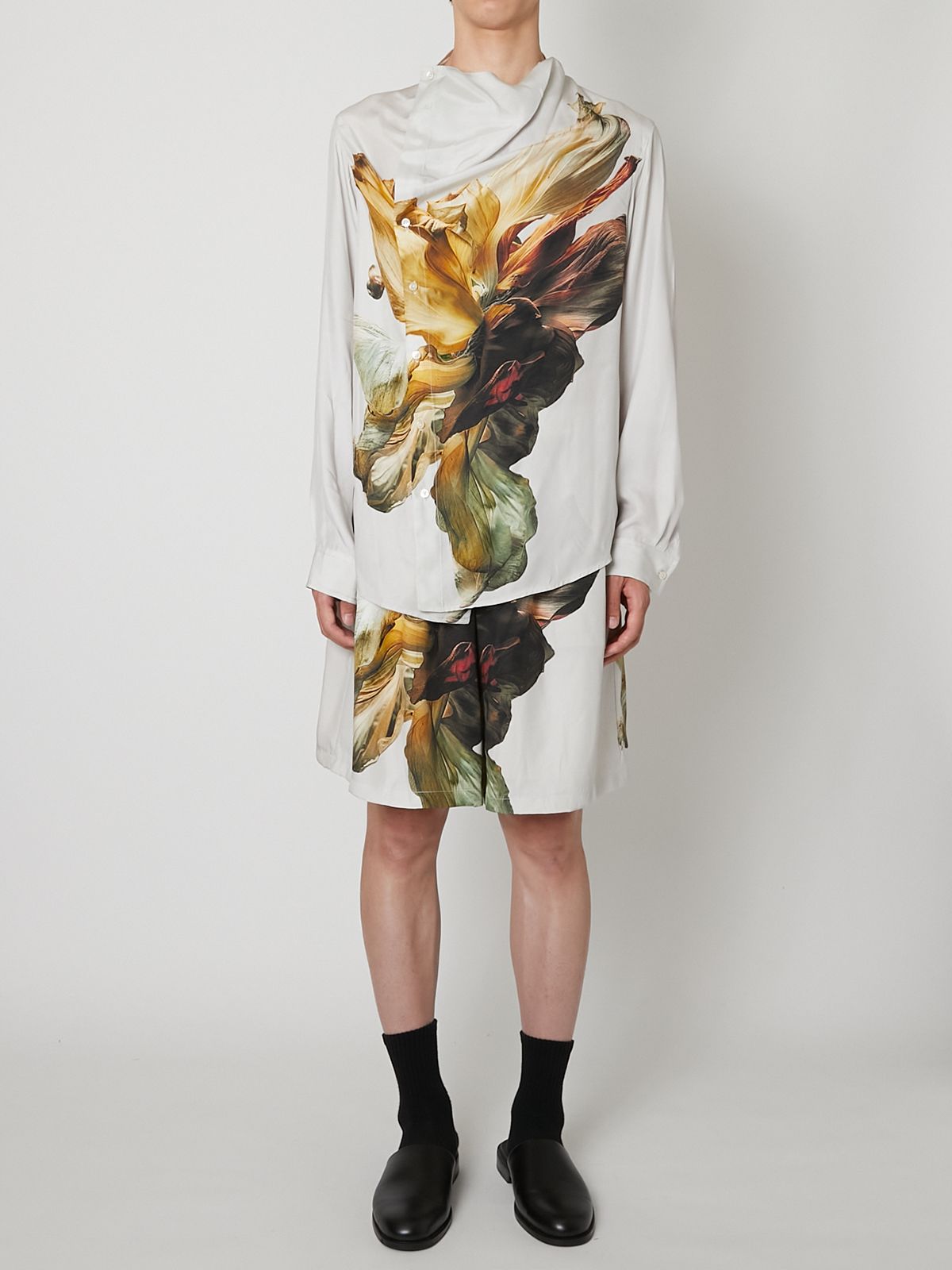 【27SS】ドレープド デザイン シルク シャツ 花柄 長袖シャツ  / DRAPED DESIGN SILK SHIRT / ベージュ