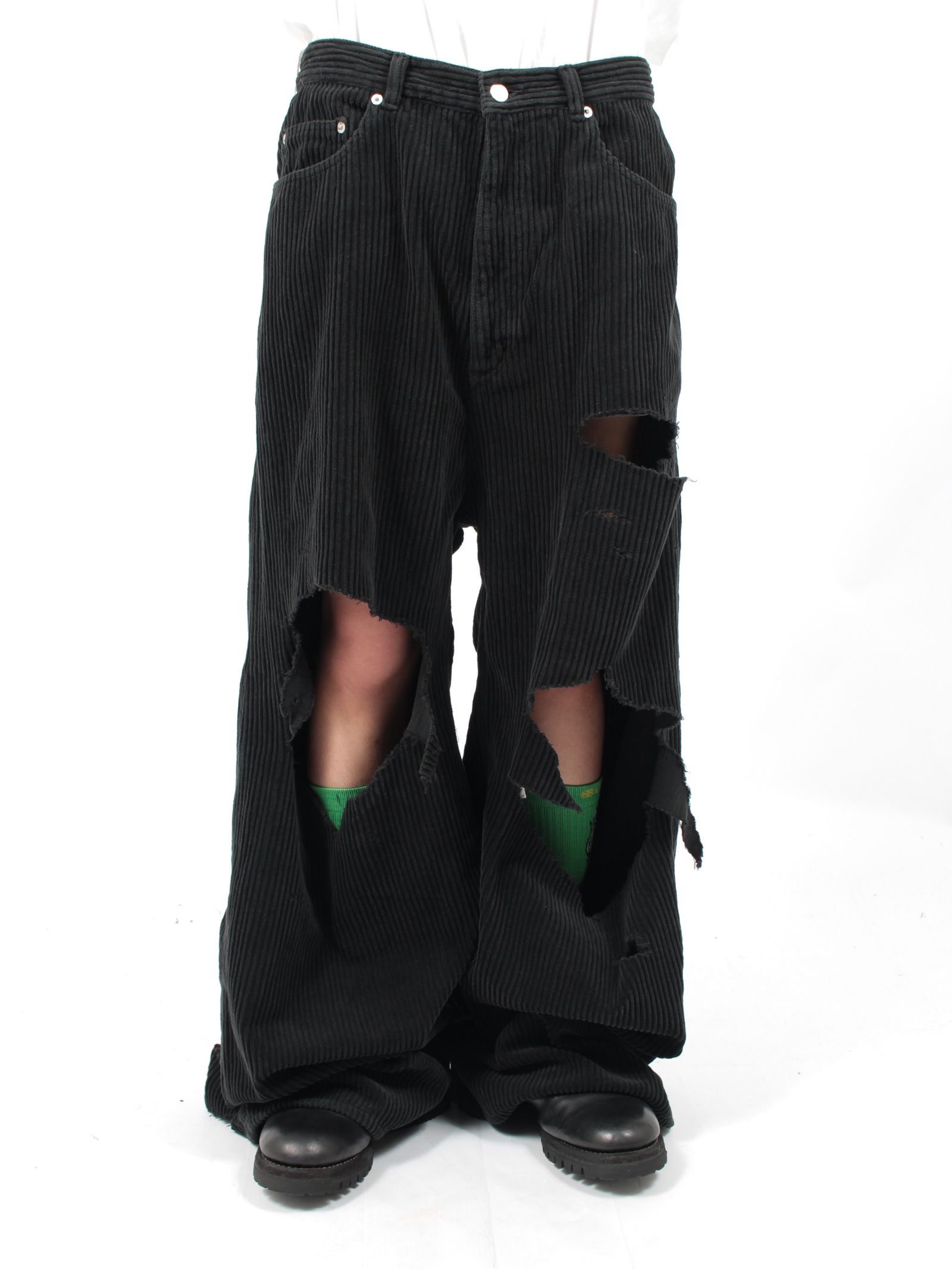 【24AW】ディストレスト コーデュロイ ワイド パンツ / DISTRESSED CORDUROY WIDE TROUSERS / ブラック