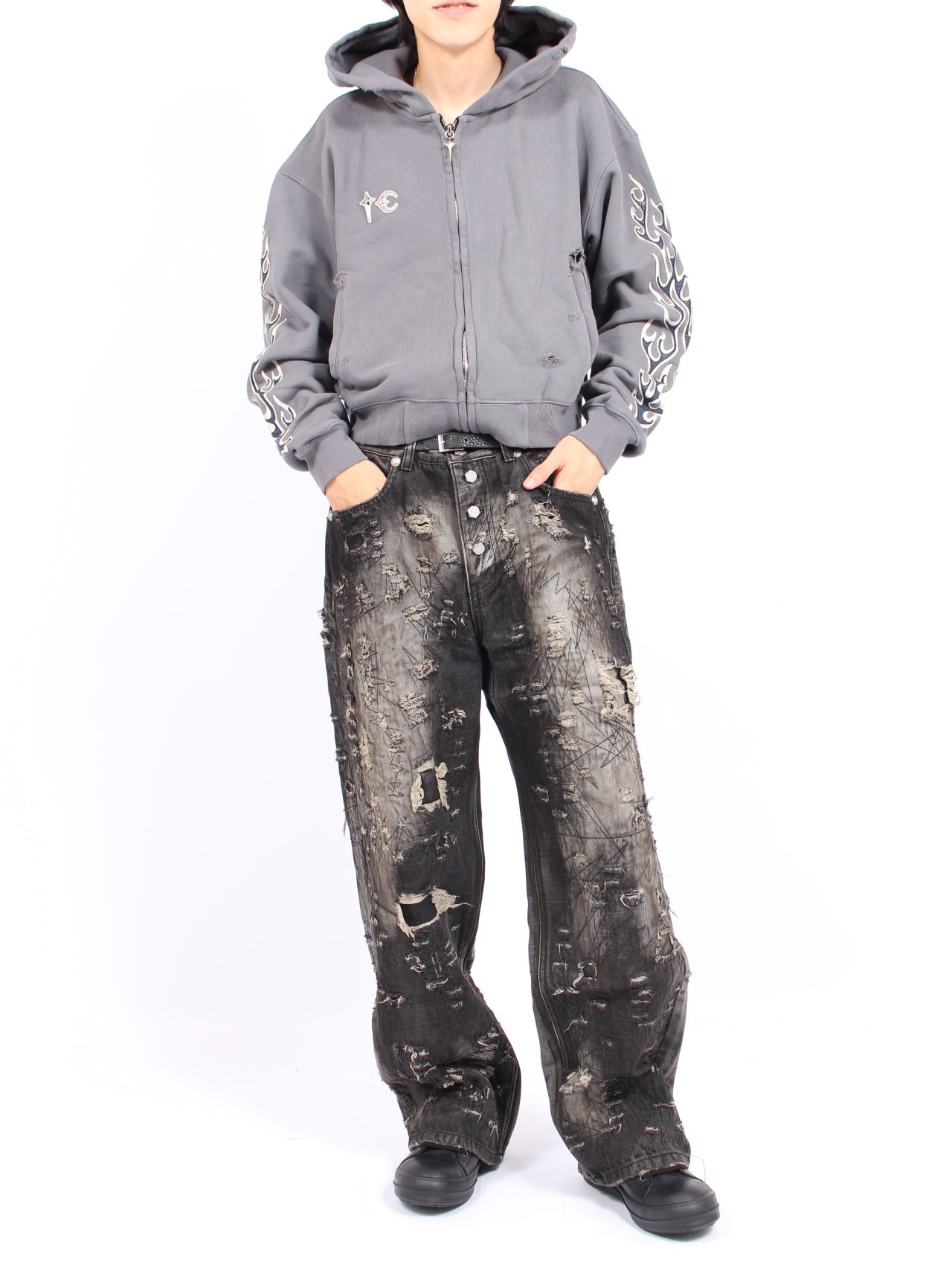 【25AW】ハードウォッシュド ダメージ デニム パンツ / HARD-WASHED DAMAGED DENIM PANTS / ブラック