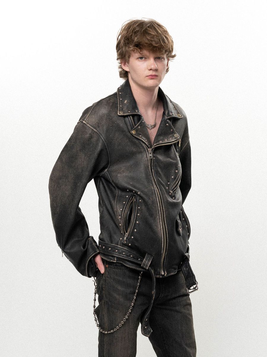 【26AW】 ディストレスト レザー スタデッド バイカー ジャケット / DISTRESSED LEATHER STUDDED BIKER JACKET / ブラック