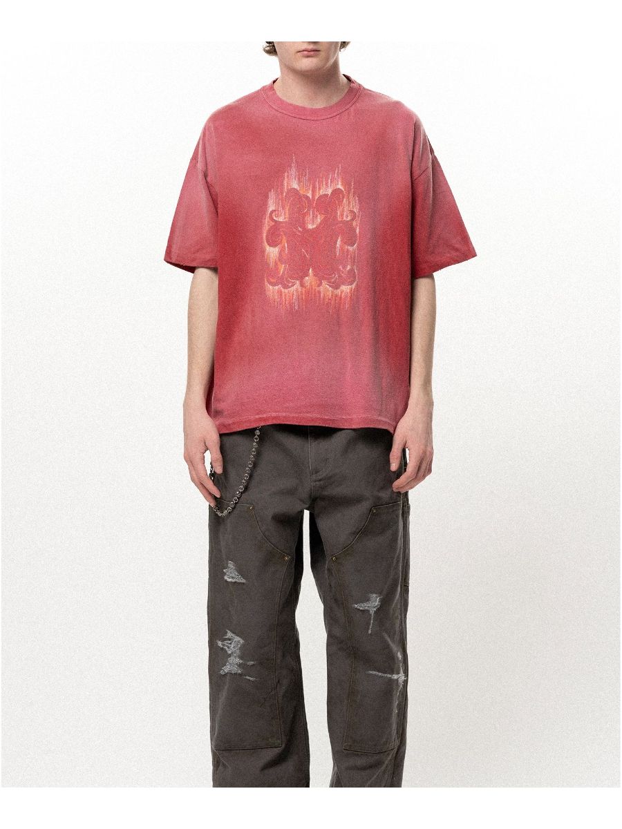 【26SS】"クレヨン フレーム" ディストレスド カミヤ Tシャツ / ”CRAYON FLAME" DISTRESSED TEE / レッド