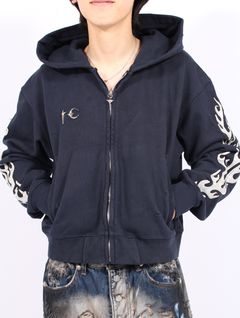 【25AW】レザー フレーム クロップド ジップアップ パーカー / LEATHER FLAME CROPPED HOODED ZIP-UP / ネイビー